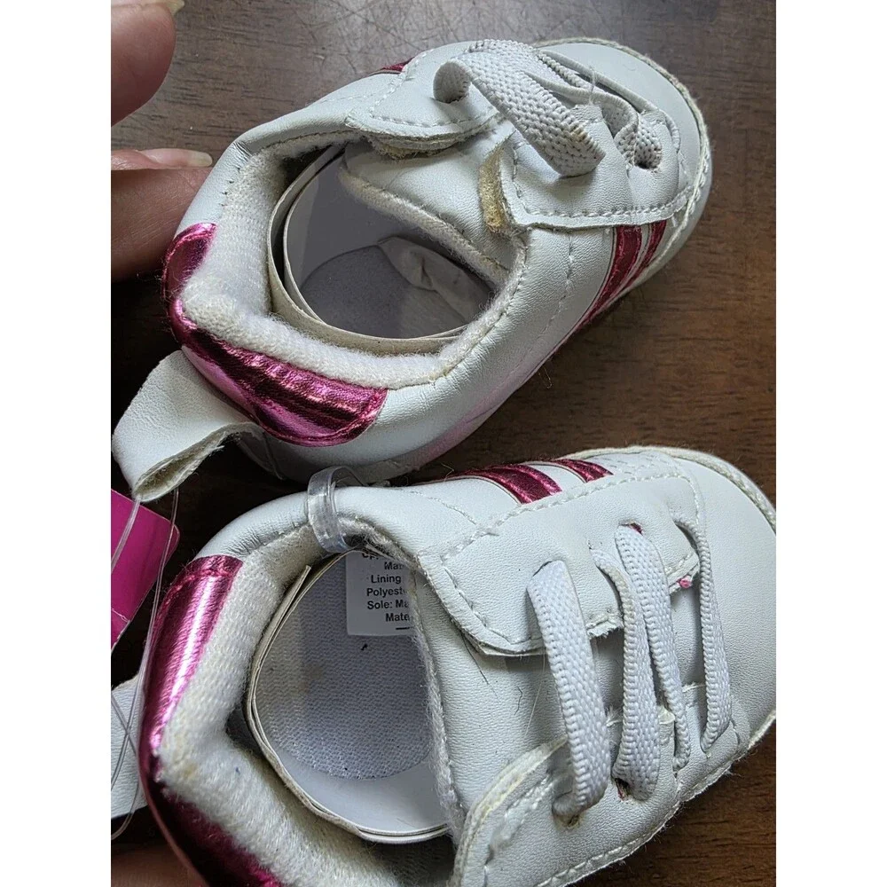 Luvable Friends Baby Girls White Pink Striped Prewalker Crib Shoes Booties 0-6M